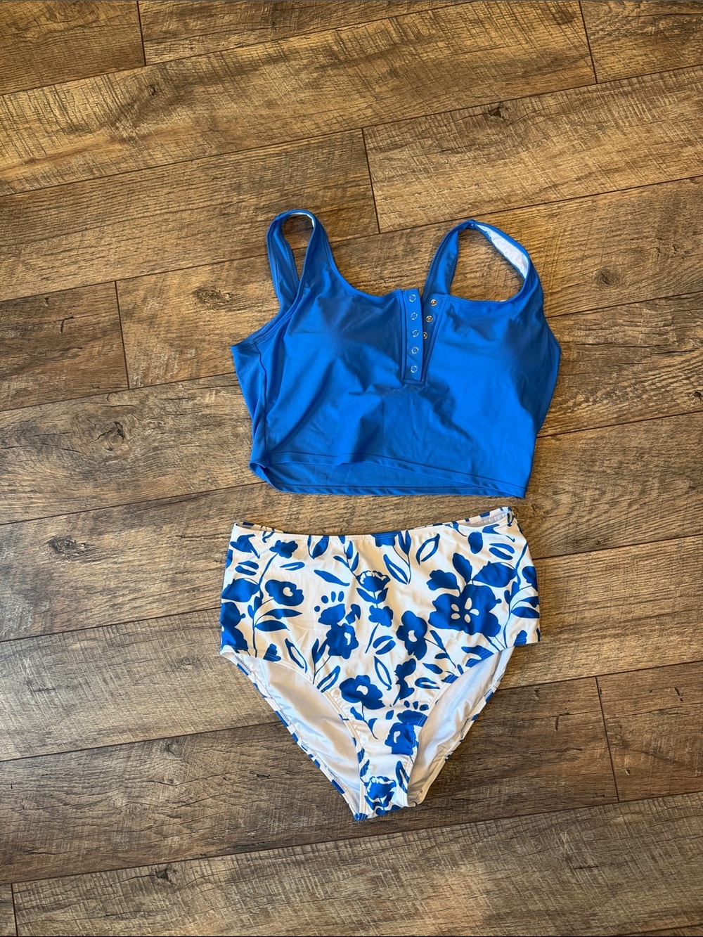 Blue Two-Piece Swimsuit Set with Floral High-Waist Bottoms - New without tags